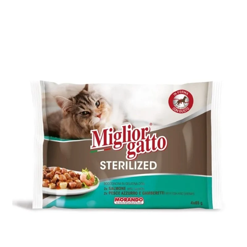 Miglior gatto Stérilisé petites bouchées en gelée 4 * 85 gr (2 saumon , 2 Poisson crevette) Miglior gatto - 1