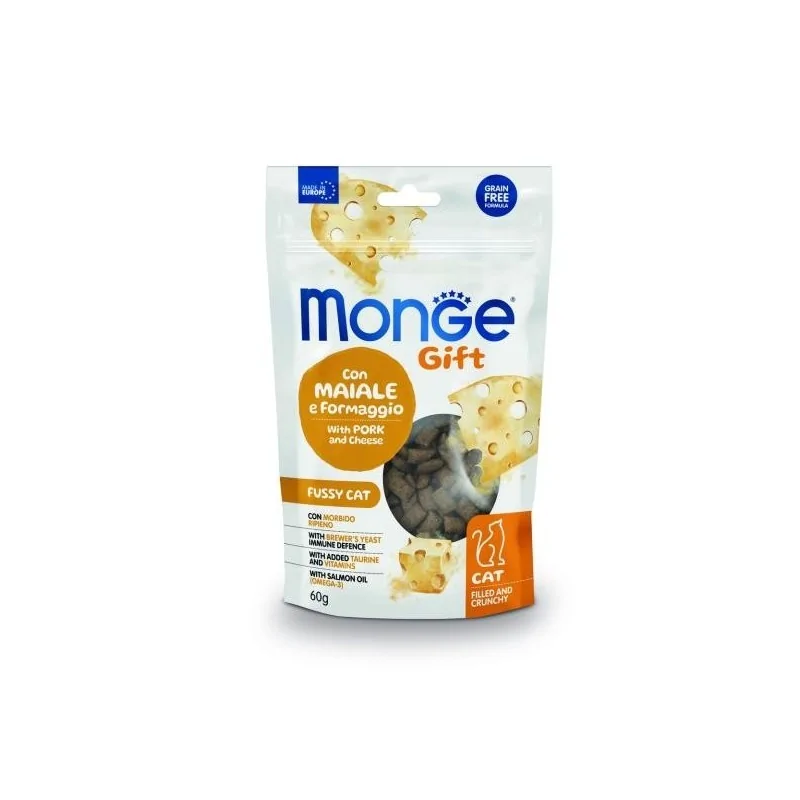 Monge Gift Chat Adulte Fourré et Croquant Porc au Fromage 60g