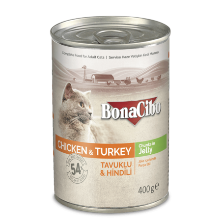 Bonacibo Chat Adulte Poulet & Dinde - Morceaux en Gelée 400 g