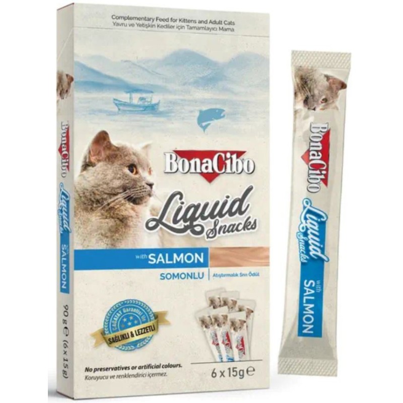 BonaCibo Snacks liquide pour chats au saumon 6x15 g