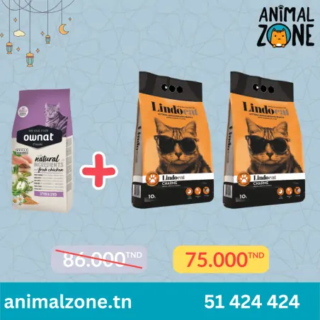 Pack-OWNAT STERILIZED 1,5 KG + 2 Lindocat Charme Ambre oriental 10L-Tunisie