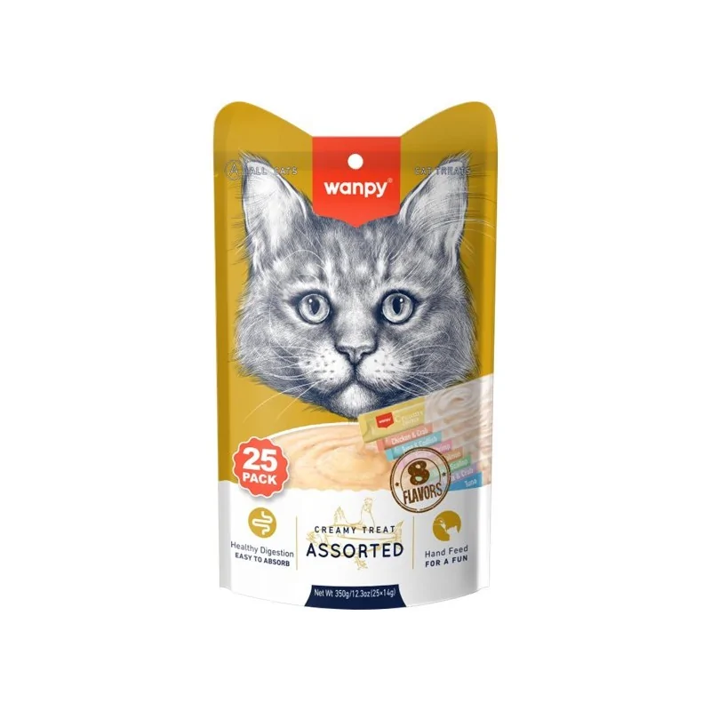 Friandises Chat-Wanpy Pack Dégustation de Purées à Lécher pour Chat – 8 Saveurs Assorties – 25 x 14g-Tunisie