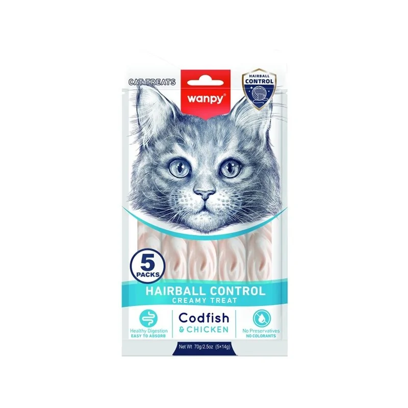 Friandises Chat-Wanpy Crème Functionnal - Hairball Control au Cabillaud et Poulet (5*14g)-Tunisie