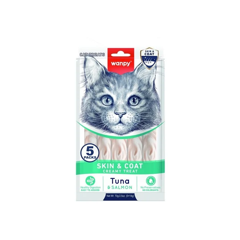 Friandises Chat-Wanpy Crème Functionnal - Skin & Coat au Thon et Saumon (5*14g)-Tunisie
