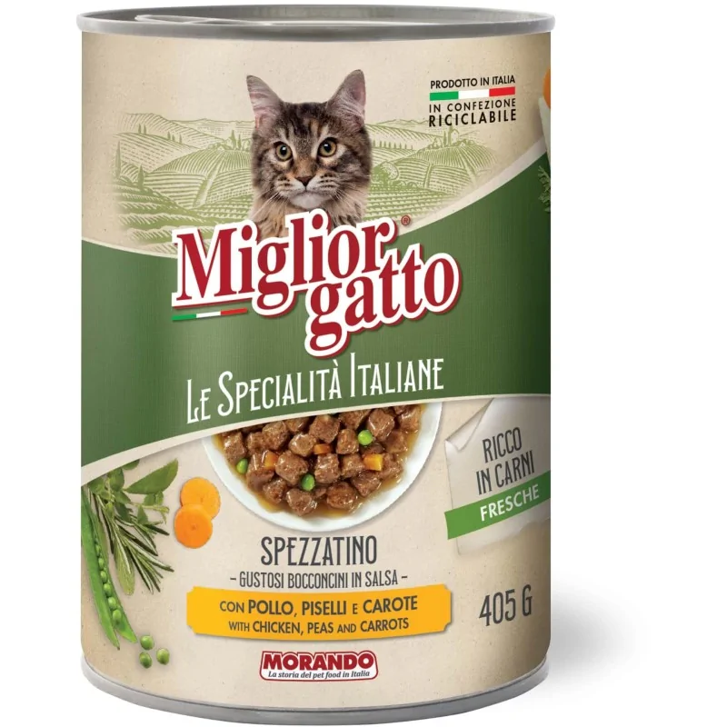 Humides Chat-Migliorgatto – Boîte Italienne en Sauce pour Chat – Poulet, Carottes & Petits Pois – 405 g-Tunisie