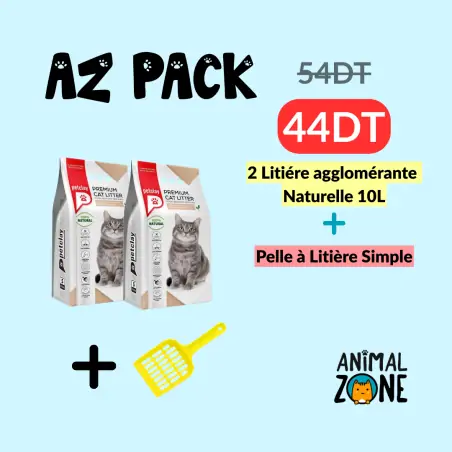 AZ Pack-Pack – Petclay Litière Agglomérante Naturelle 10 L x2 + Pelle à Litière AZ 19x9x2 cm-Tunisie