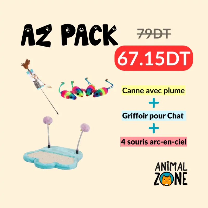 AZ Pack-Pack – Griffoir Felican Kitty Fun Folie + Canne à Plume + 4 Souris Arc-en-Ciel CatMio-Tunisie