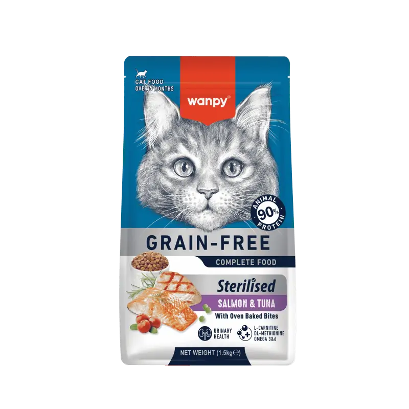 Croquettes Chat-Wanpy Croquettes Sans Céréales au Thon et Saumon pour Chat Stérilisé 1.5kg-Tunisie