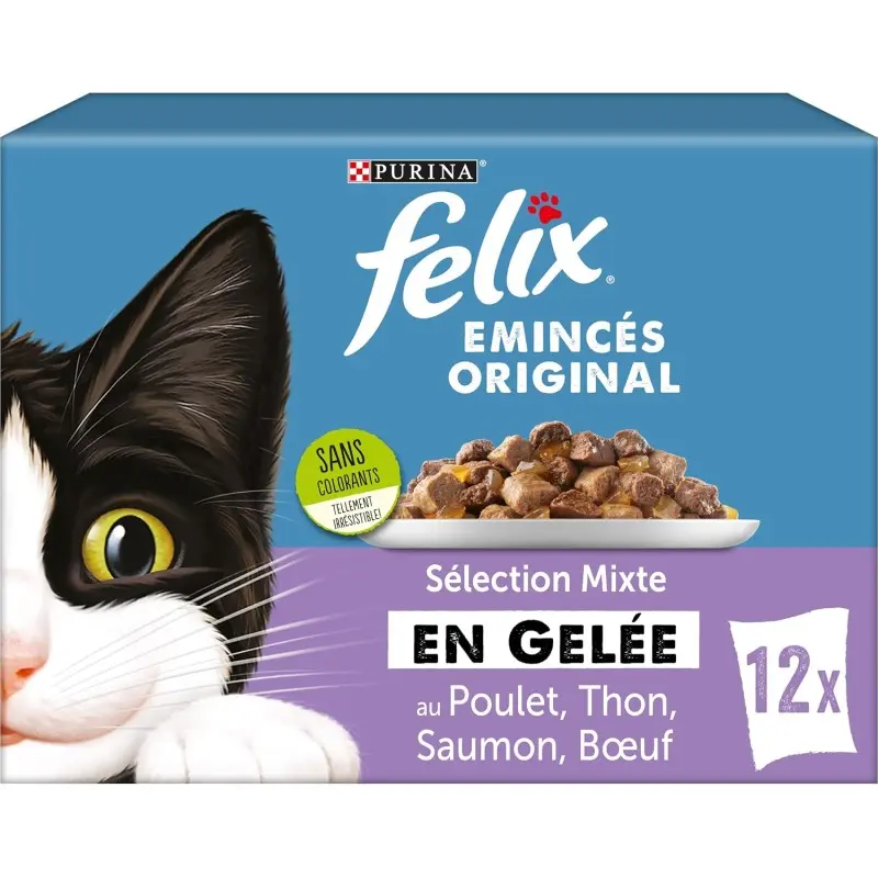 Humides Chat-FELIX- Sachets d'Émincés en Gelée -Sélection Mixte 12*85g-Tunisie