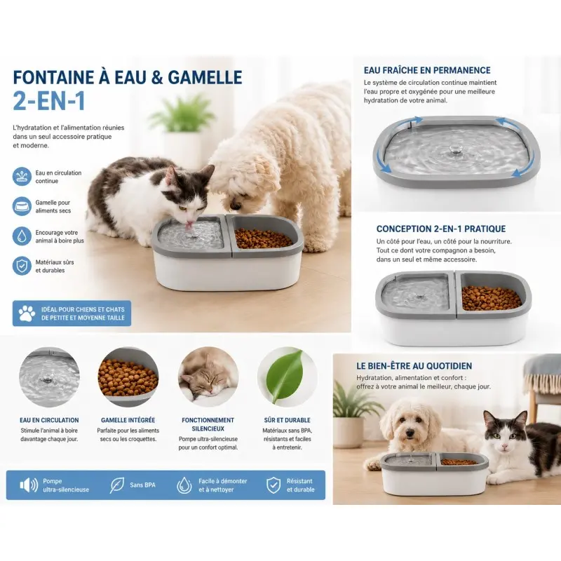 Gamelles et Distributeurs-Fontaine à eau et gamelle 2-en-1 pour chiens et chats-Tunisie