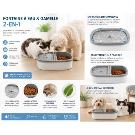 Gamelles et Distributeurs-Fontaine à eau et gamelle 2-en-1 pour chiens et chats-Tunisie